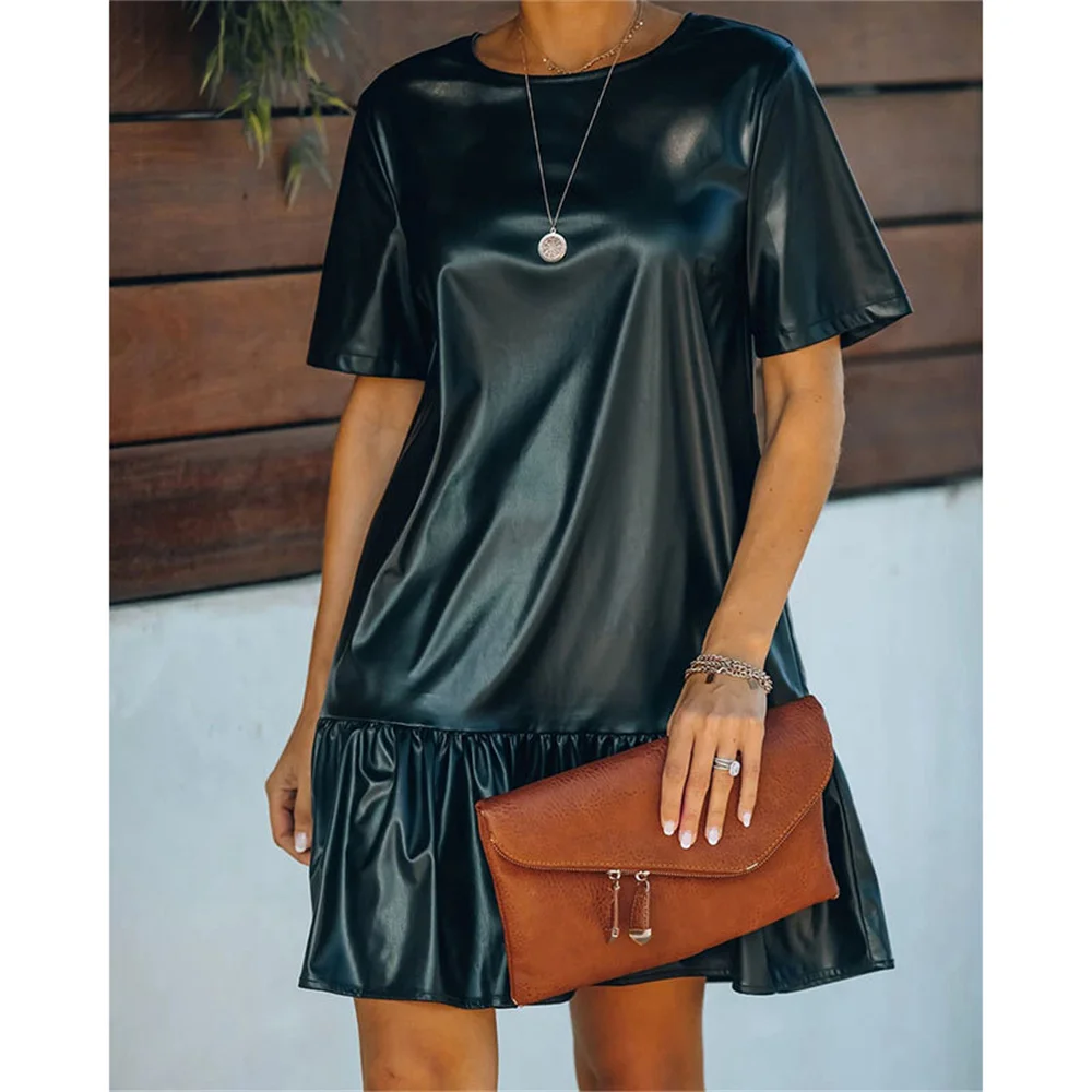 2022 Women\'s Black Faux PU Leather Dress Short Sleeve Loose Ruffle Elegant Mini Dresses Fashion Office Lady Clothing Vestidos