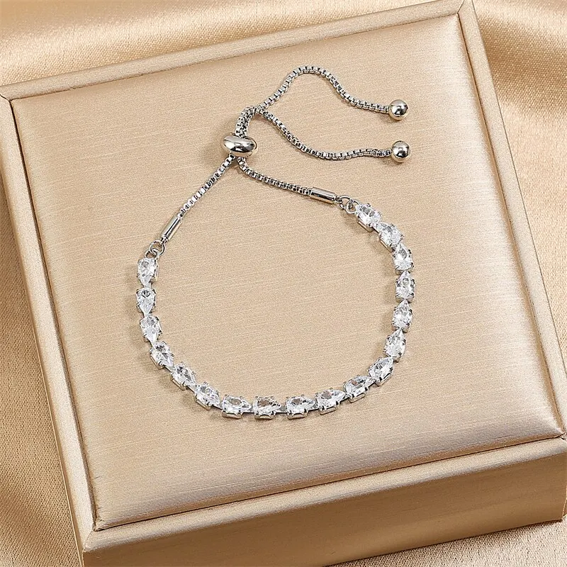 Adjustable Geometric Korean Fashion Water Drop Zirconia Crystal Bracelets Bangles for Women Party Jewelry Girls Birthday Gift