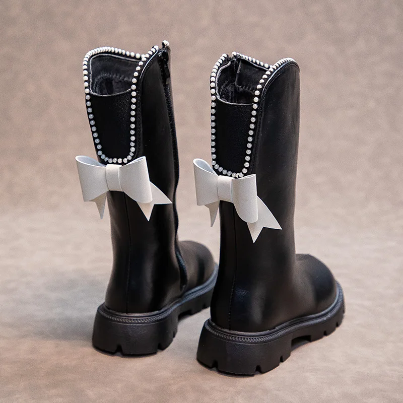 Girls Long Boots Black Knee-high Children Zipper Fashion Soft Leather Knight Boots Winter Waterproof Plus Cotton Princess Shoes