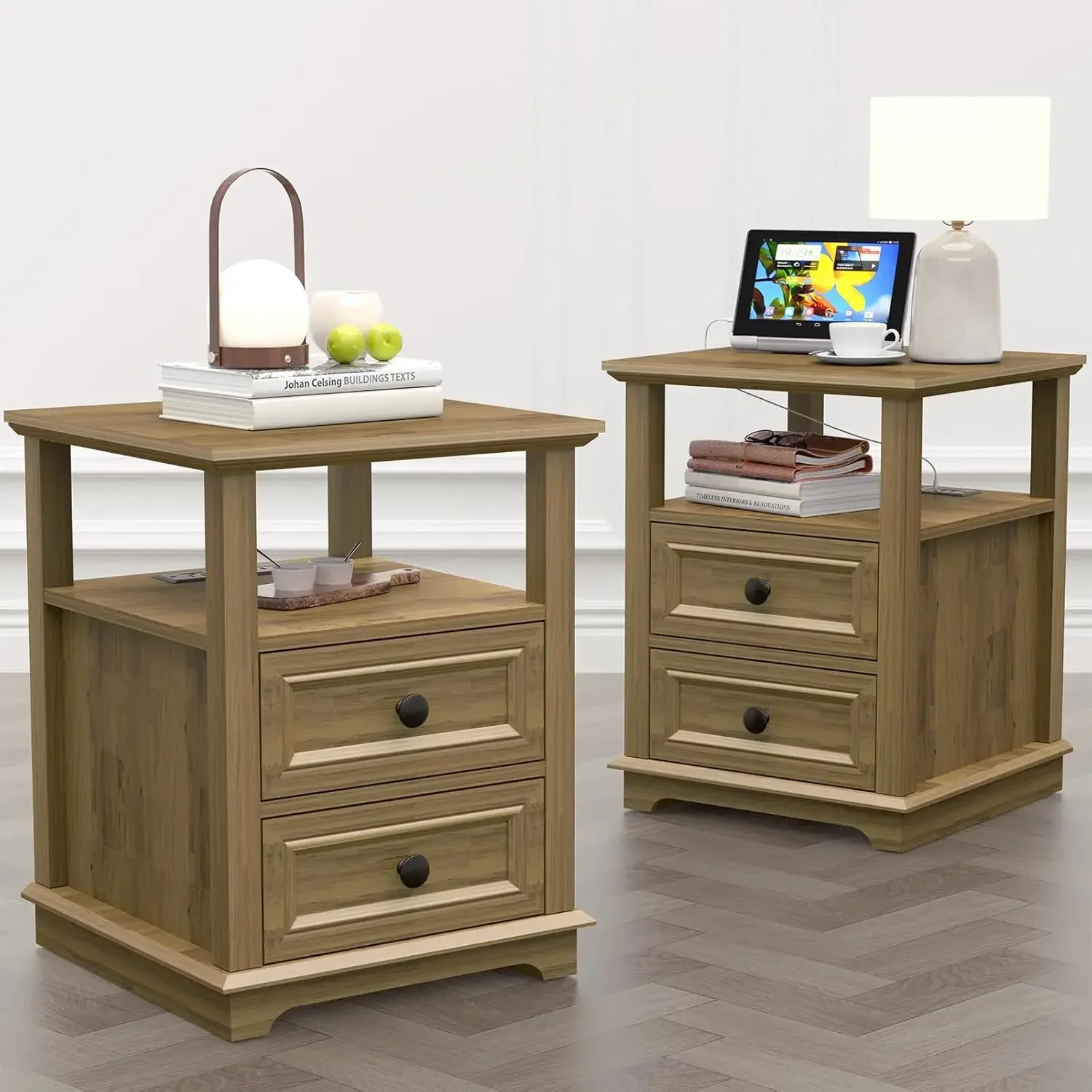 24” Tall Nightstand with Charging Station Set of 2,Fast Charge End Table Set of 2, Large 18” Bedside Table with Drawers, Natural