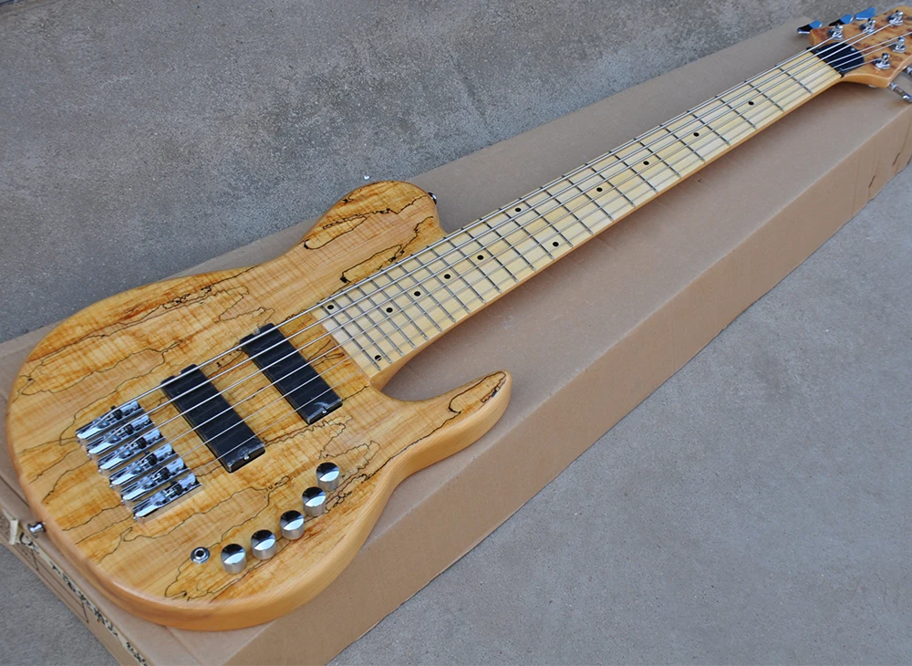 

6 Strings Neck-thru-body Electric Bass Guitar with Chrome Hardware,Spalted Maple Veneer,24 Frets,Maple Fretboard