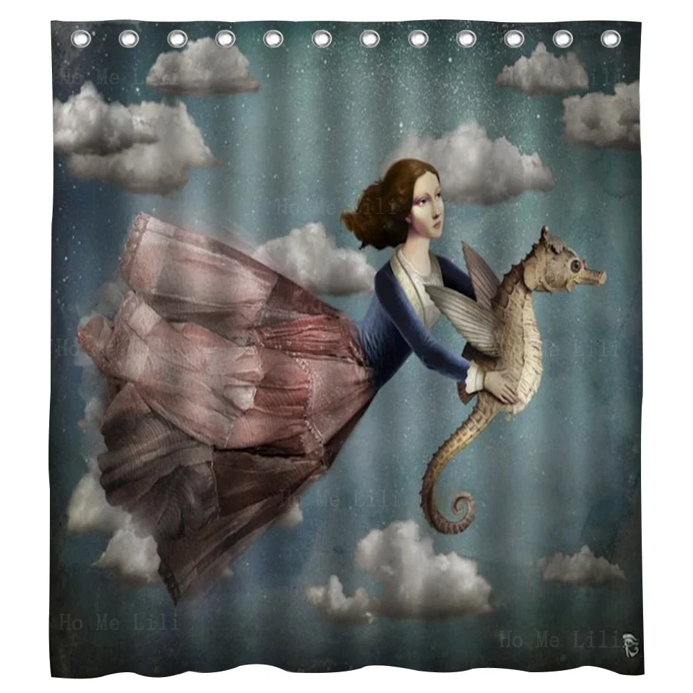 Fantasy Art Knight Of Wands Girl Holding Seahorse And Flying In The Air Surrealism Shower Curtain By Ho Me Lili Bathroom Decor