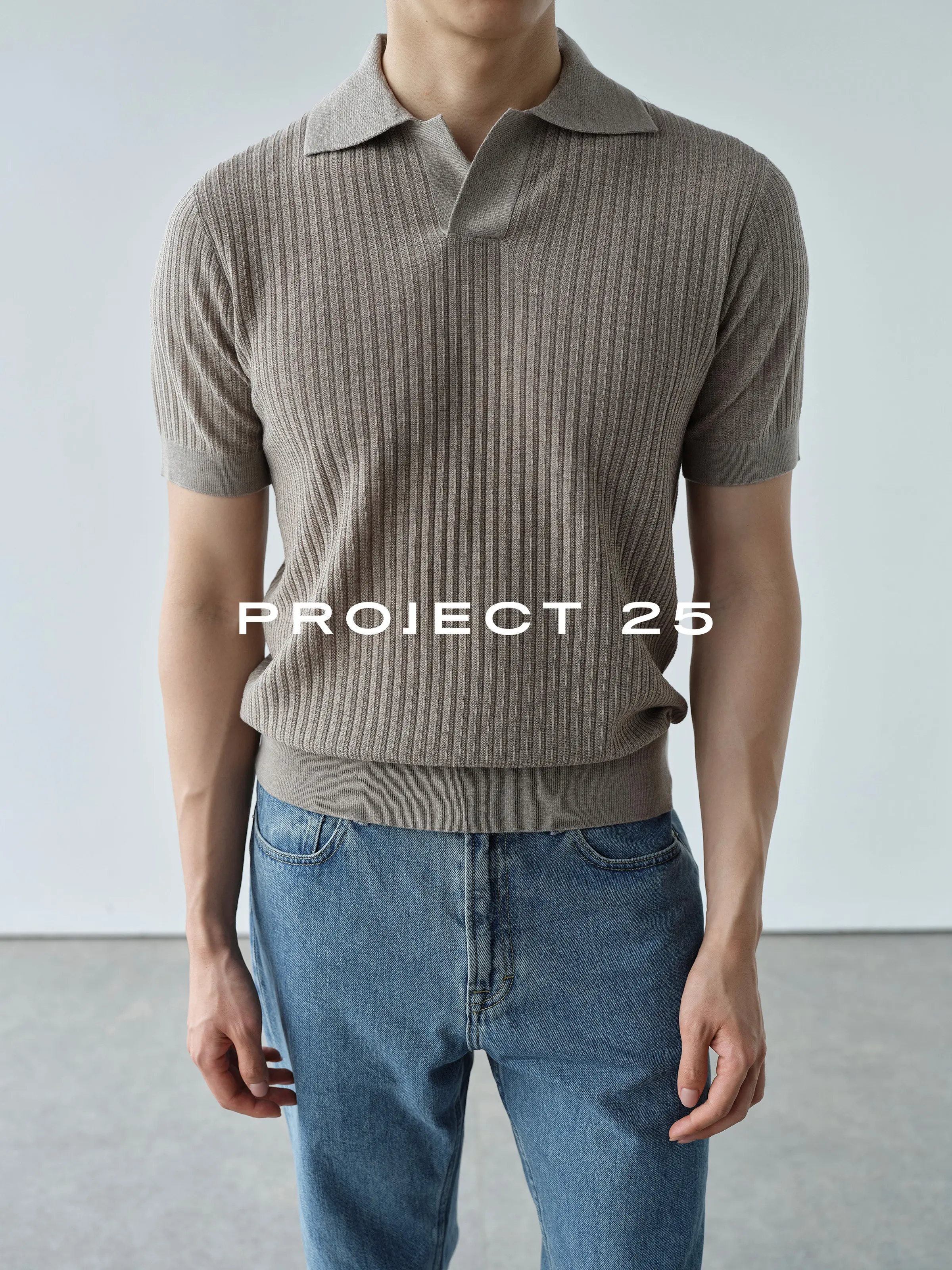PROJECT 25 Men V Neck Knitted Polo Shirt 18 Gauge High Density Mercerized Wool Blend Lightweight