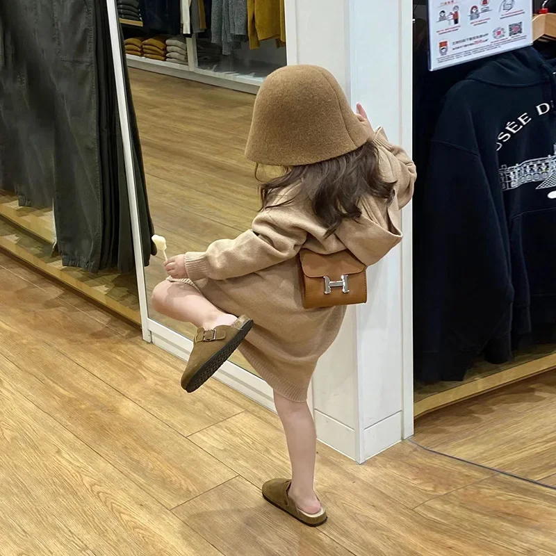 Children Clothing 2024 Autumn Winter Girls Knit Dress Korea Style New Fashionable Casual Loose Hooded Sweater Dress for Girls