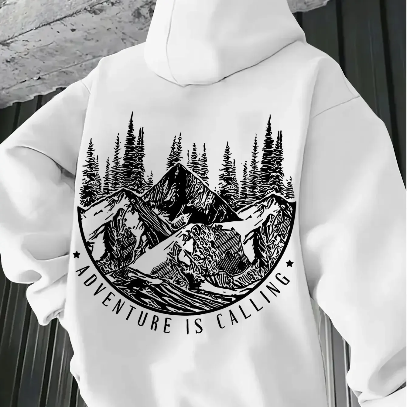 Outdoor Hiking Style Men Hoodie Forest Mountain Circle Back Print Adventure Slogan Soft Oversized Long Sleeve Pullover
