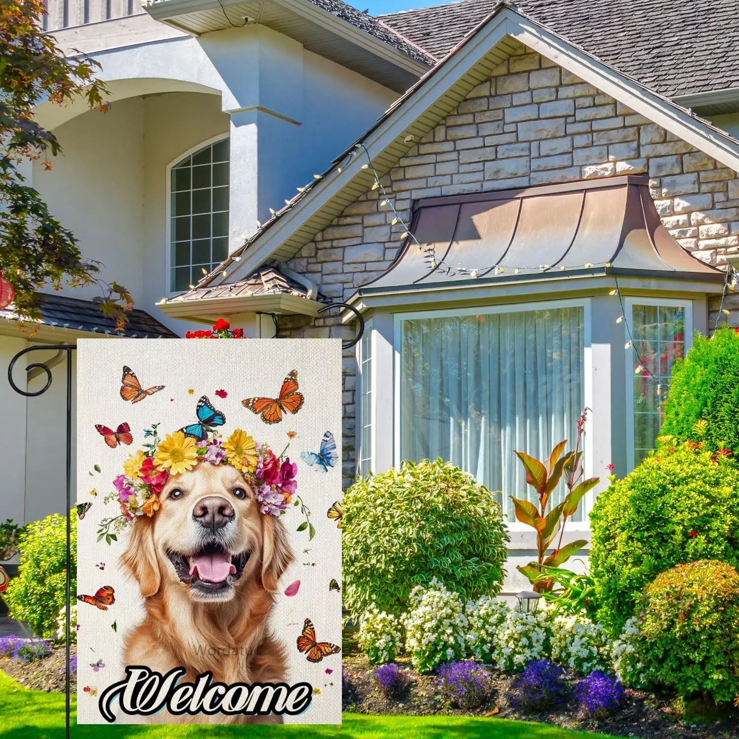 Hello Welcome Golden Retriever Butterflies and Flowers Decorative Garden Flag, Yard Outside Home Decorations Pet, Spring Sum yyi