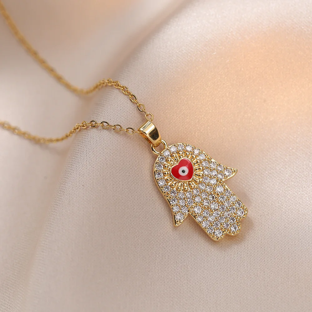 متعدد الألوان الزركون شغل الأزرق التركية شيطان العين همسة اليد الفولاذ المقاوم للصدأ يد فاطمة قلادة مجوهرات نسائية colare mujer