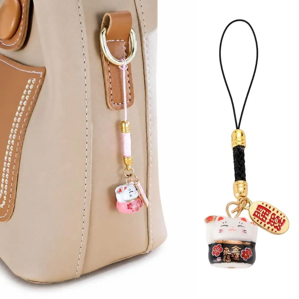Hand Braided Lanyard Ceramic Lucky Cat Pendant Cell Phone Strap Japanese Style Backpack Keychain Pendant Bag Hanging Ornament