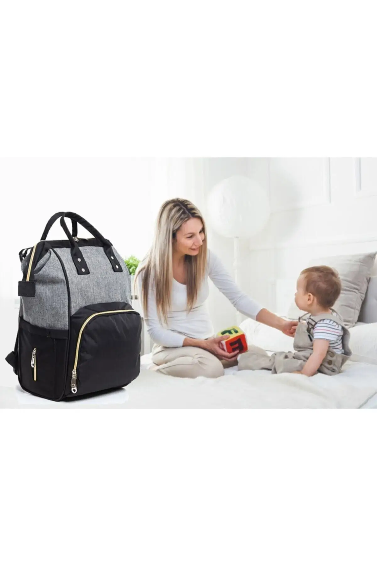 Baby Bag, Baby Mommy Backpack Black Gray Gold