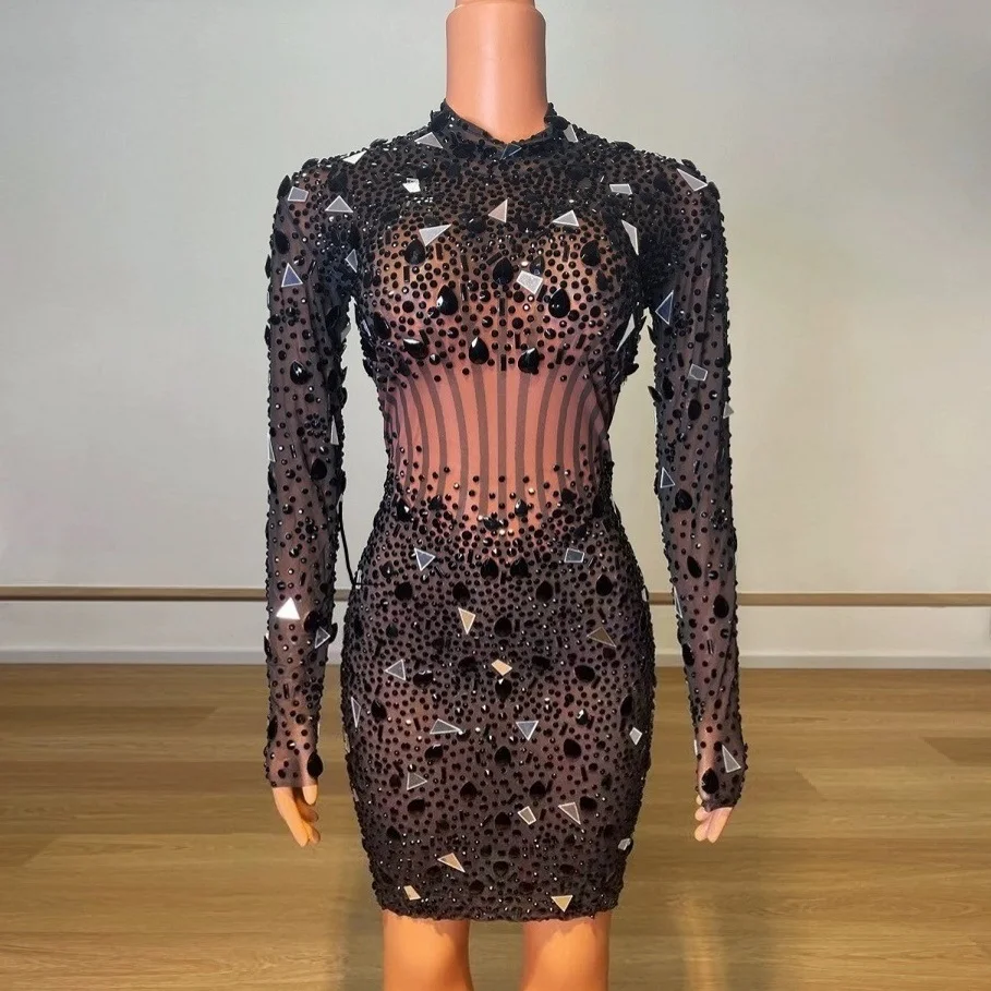 

New Arrivals Black Rhinestones Mirror Surface Sequined Sexy See-Through Long Sleeve Bodycon Dress Evening Birthday Party Dress