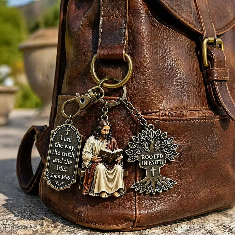 3-in-1 Keychain 3-in-1 Jesus Reading Keychain Vintage Scripture Charm Christian Car Key Ring Handbag Accessory Gift