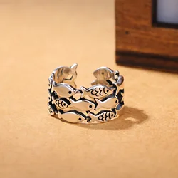GaaBou-925 Sterling Silver Fish Rings para mulheres, três camadas, jóias ajustáveis, designer de luxo, moda