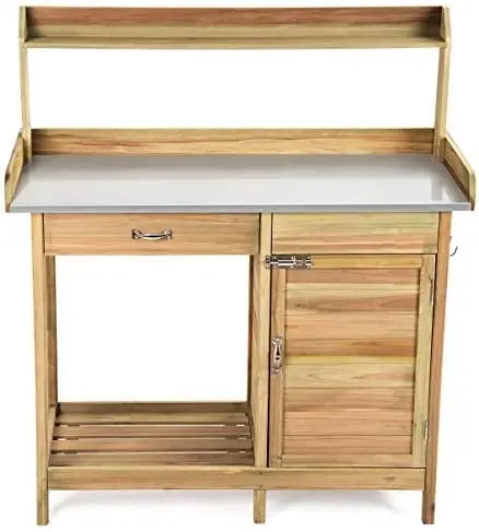 Outdoor Garden Wooden Work Station Potting Bench With Shelf Drawer Planting Cabinet, Size 44.0 X 18.0 X 49.5 Inches, Weight 38