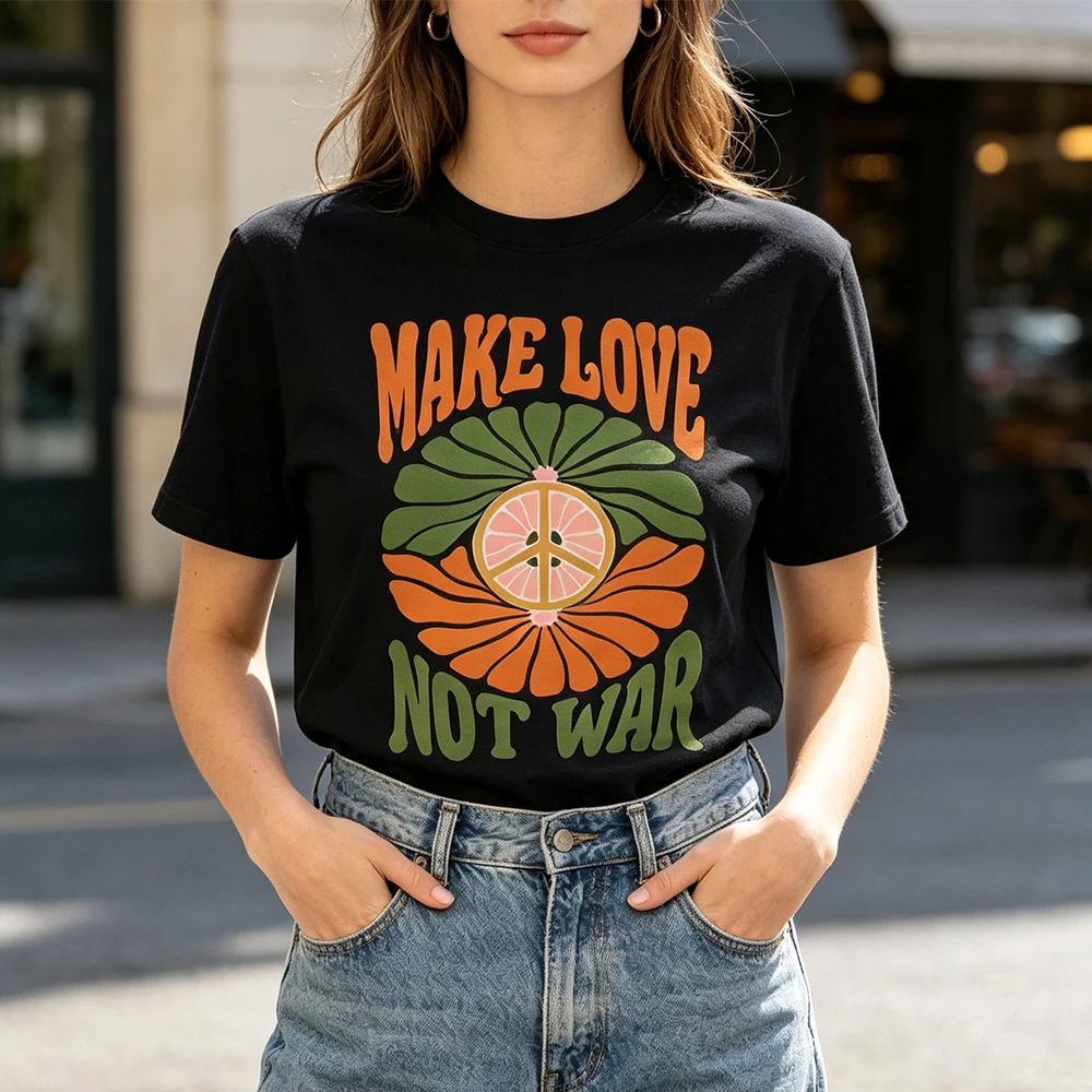 Make Love Not War Tee Peace T-Shirt Hippie Graphic Tee Vintage Inspired Cotton T-shirt Unisex Tees Streetwear Women Clothes