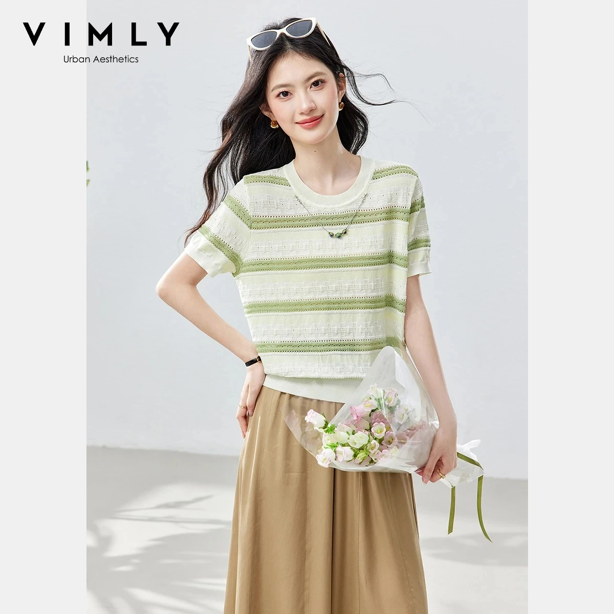 

VIMLY Women's Colorblock Striped T-shirt Summer Crew Neck Removable Necklace Cutout Knit Loose Casual Short Sleeve Tee 30968