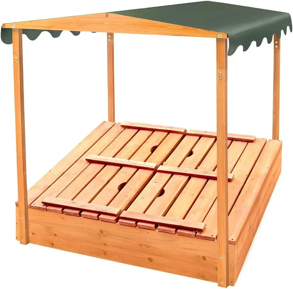 Cedar Sandbox for Kids with Canopy & Benches - Outdoor Convertible Wooden Sandbox with Lid, UV Shade & Built-In Seating - Backya