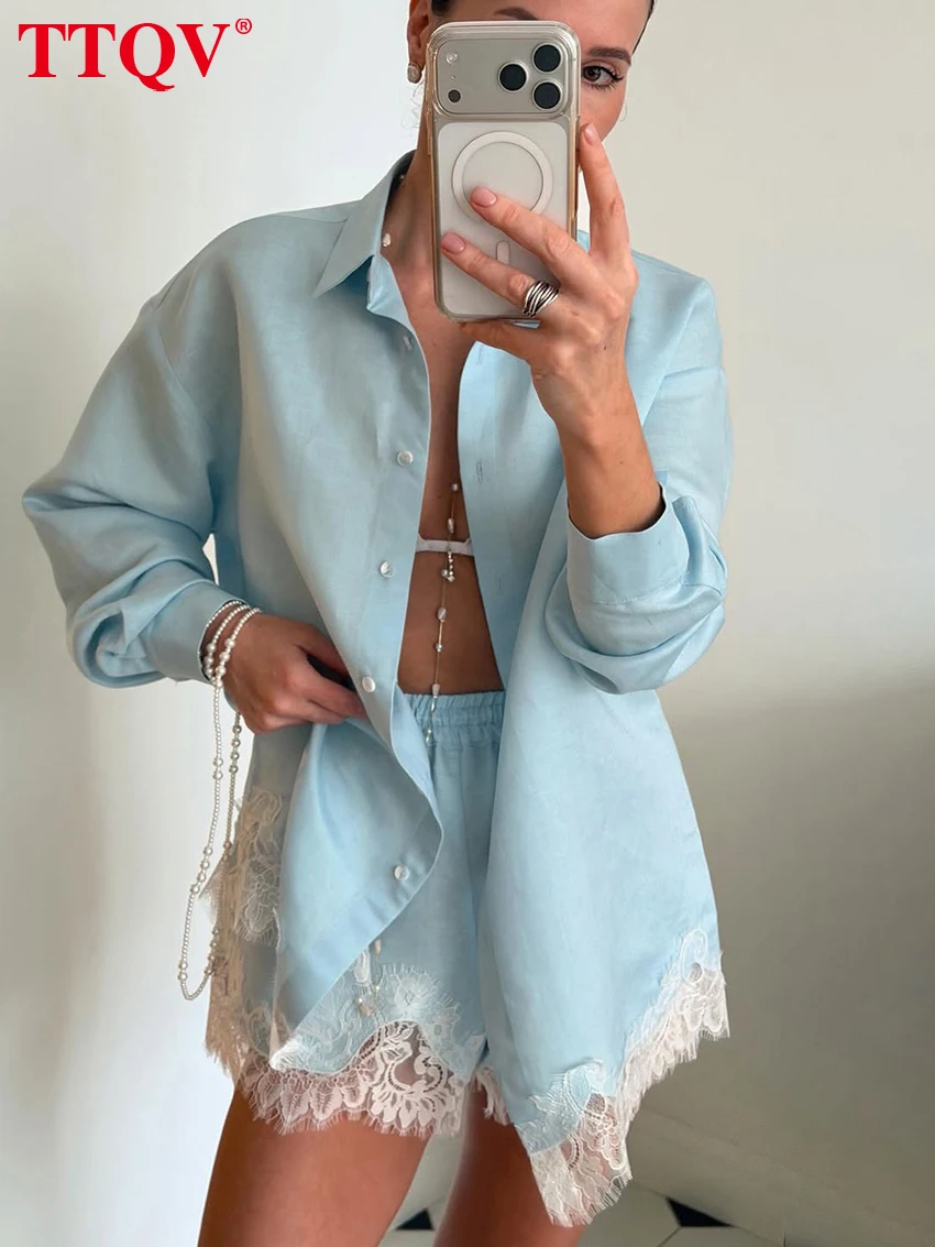 

TTQV Fashion Loose Green Cotton Lace Spliced Shorts Set 2 Piece Woman 2026 Elegant Long Sleeve Shirt With High Waist Shorts Set