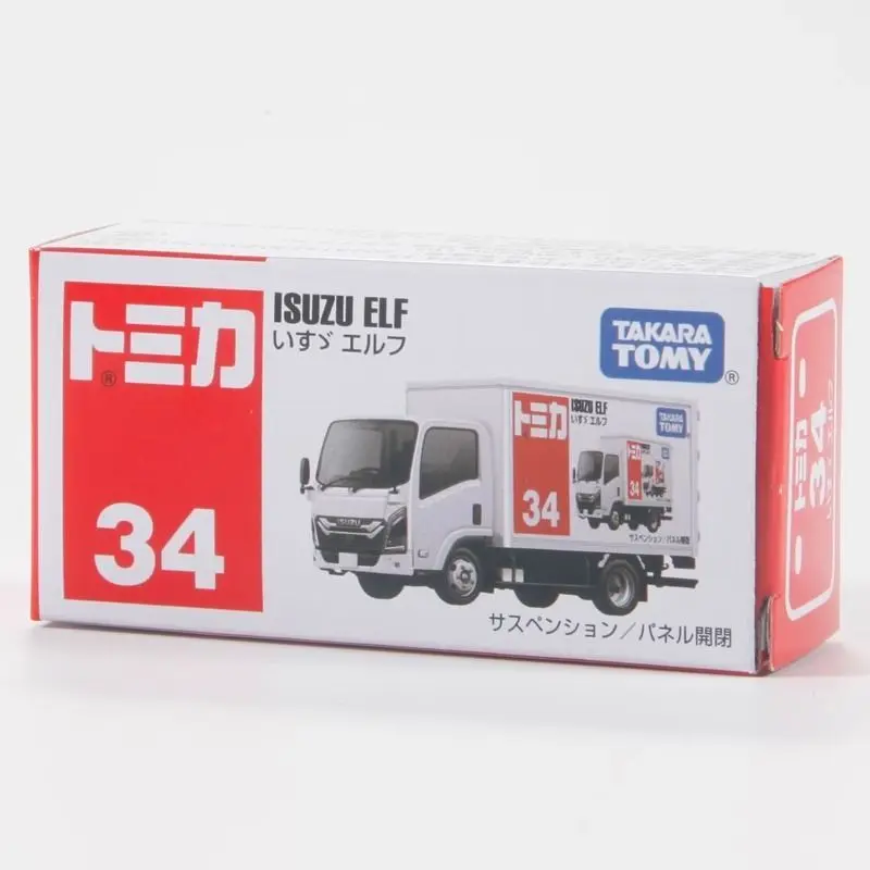 TOMY Takara Tomy Czerwono-Biały Model Samochodu ze Stopu Metali, Symulacja Ciężarówki Isuzu ELF 34, Zabawka dla Chłopców