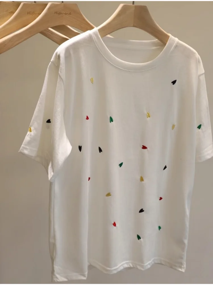 

Круглая футболка Ne ort Sve с вышитым сердцем, женский повседневный топ средней длины для лета, универсальный, удобный крой