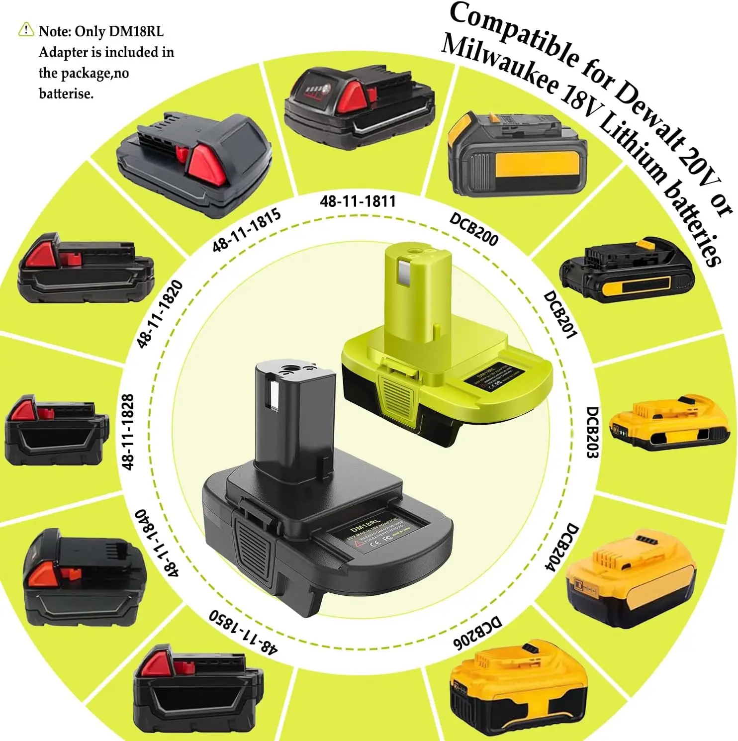 DM18RL Batterieadapter zur Umwandlung von Dewalt/Milwaukee 20V/18V Li-Ionen-Akkus in Ryobi 18V P108 ABP1801, USB-Anschluss, Schwarz/Grün – Detail 17