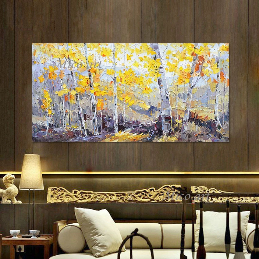 3D صورة جميلة مشهد الفني غير المؤطرة لوحات قماشية سهلة مجردة جدار الفن الأصفر ورقة شجرة سكين النفط اللوحة