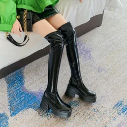 Square Toe Double-Layer Platform Ultra-High Thick Sole Sponge Cake Heel Over The Knee High Boots Side Zipper Plush Long Boots