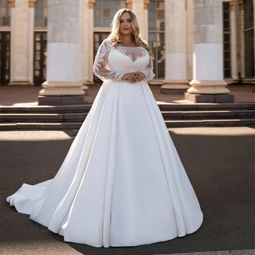 

Customized Classic Satin Wedding Dresses For Women 2024 Bride Long Sleevees Applique Bride Gowns Plus Size Vestidos De Novia