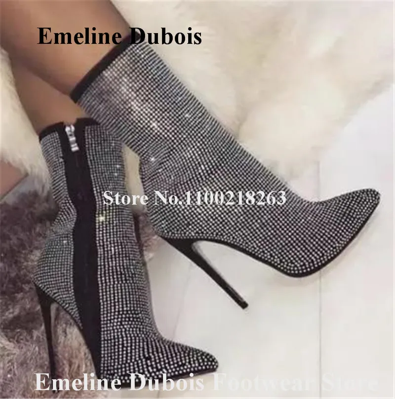 

Black Beige Rhinestones Short Boots Emeline Dubois Bling Bling Pointed Toe Crystals Stiletto Heel Ankle Booties Wedding Heels