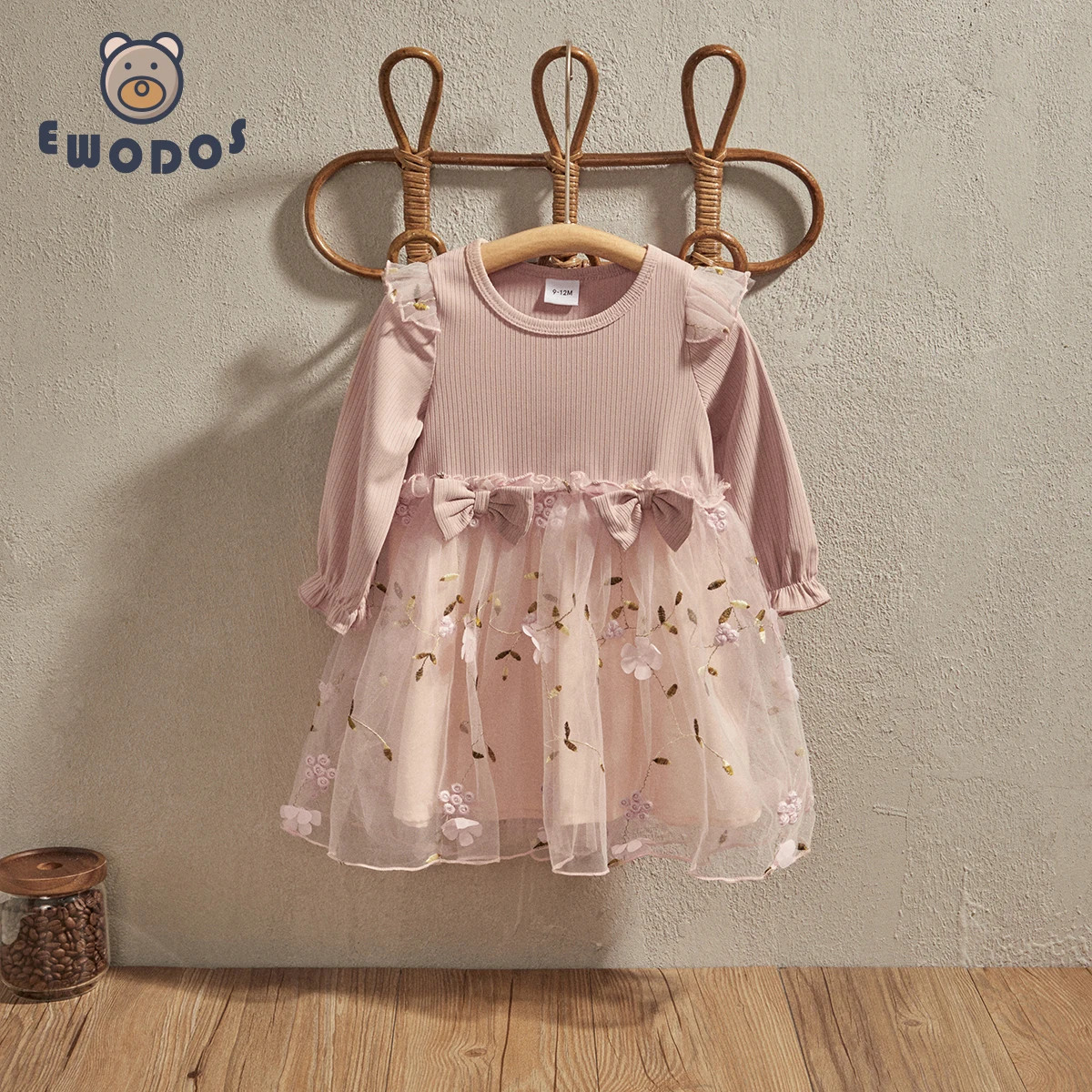 EWODOS 0-3Y Baby Dress Girls Flower Dress Autumn Winter Long Sleeve Infant Party Dresses Bow Floral Mesh for Newborn Birthday