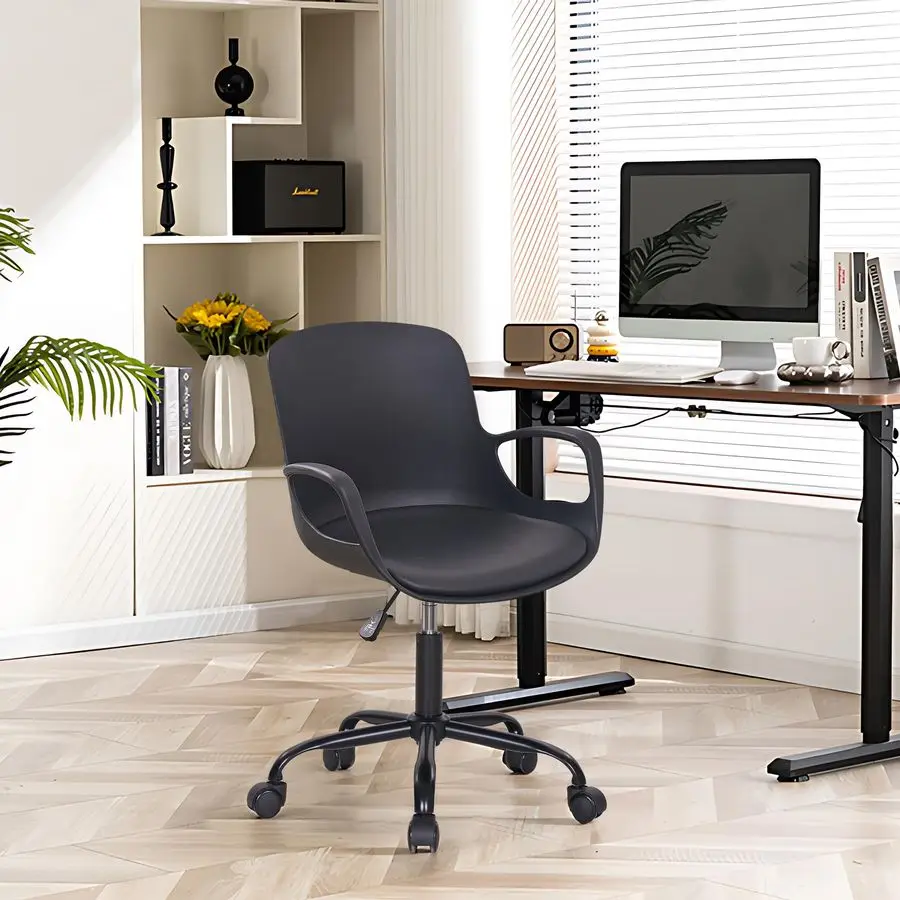 MidBack Chair for Desk with Armrests, Height Adjustable, 360Swivel Wheels for Home Office Computer Study Work, Black