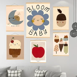 Cat Cherry Ice Cream Acorn Apple Sun Moon Fun Cartoon Poster Prints Solid Wood Hanging Scrolls Painting Kawaii Baby Room Decor