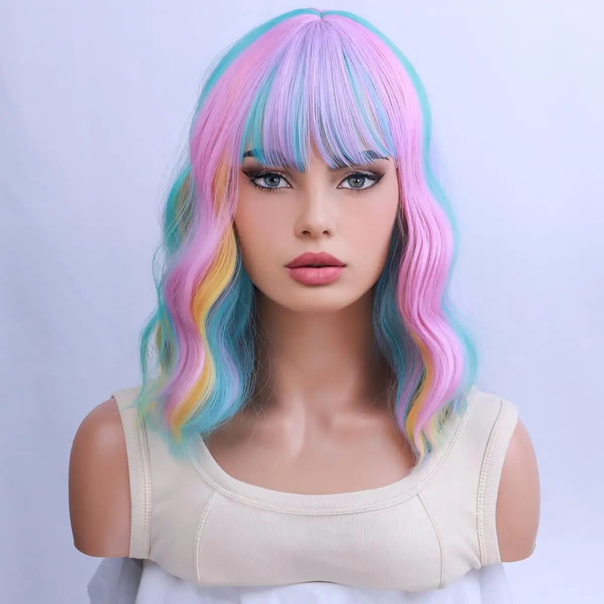 Women's Rainbow Short Curly Wavy Wig Multi-Color Bob with Bangs Heat-Resistant Synthetic Hair for Cosplay Costume Party