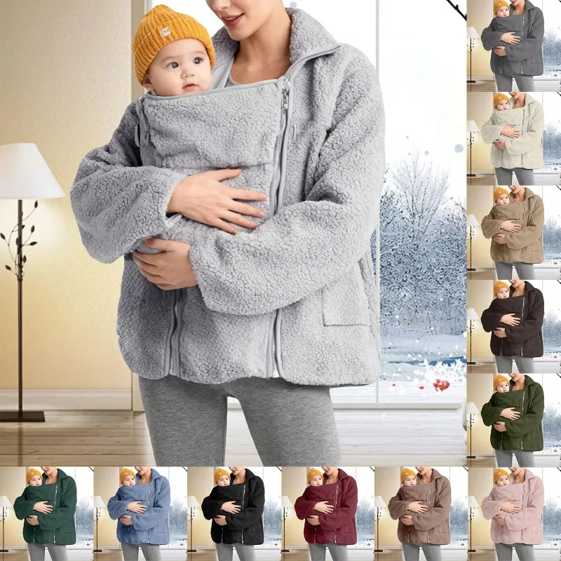 Warm Fleece Women Zip Up 2 In 1 Baby Carrier Bag Sweatshirts Maternity Winter Thicken Solid Plush Jacket With Large Baby Pocket