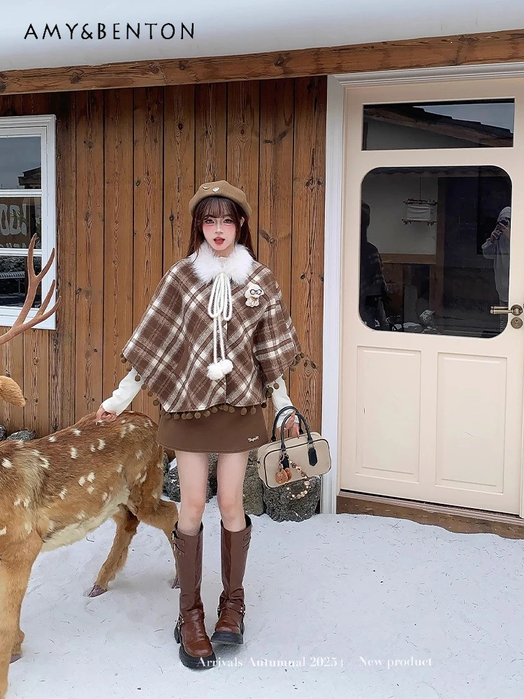 

2025 Spring and Autumn New Girly Style Brown Plaid Cloak Coat Versatile Casual High Waist Short Skirt Two-Piece Set
