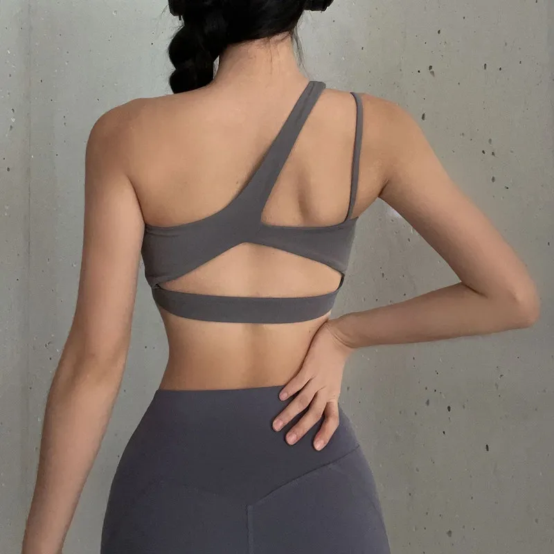 YUSHUHUA Oblique One Shoulder Strap Yoga Sports Bra Women Sexy Hollow Back Exercise Fitness Bra Tops Running Training Underwear