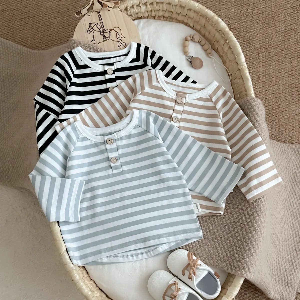 Unisex Baby Boy Clothes 3‑Pcs Striped Raglan Long Sleeve T‑Shirt, Infant Henley Collar Stretch Base Top Set