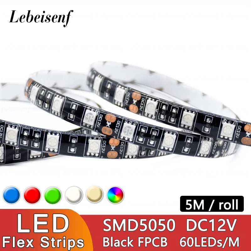 5M taśma LED RGB niskiego napięcia DC 12V SMD5050 60 leds/m czarny elastyczny pasek światła PCB ciepły biały czerwony zielony niebieski IP30 IP65