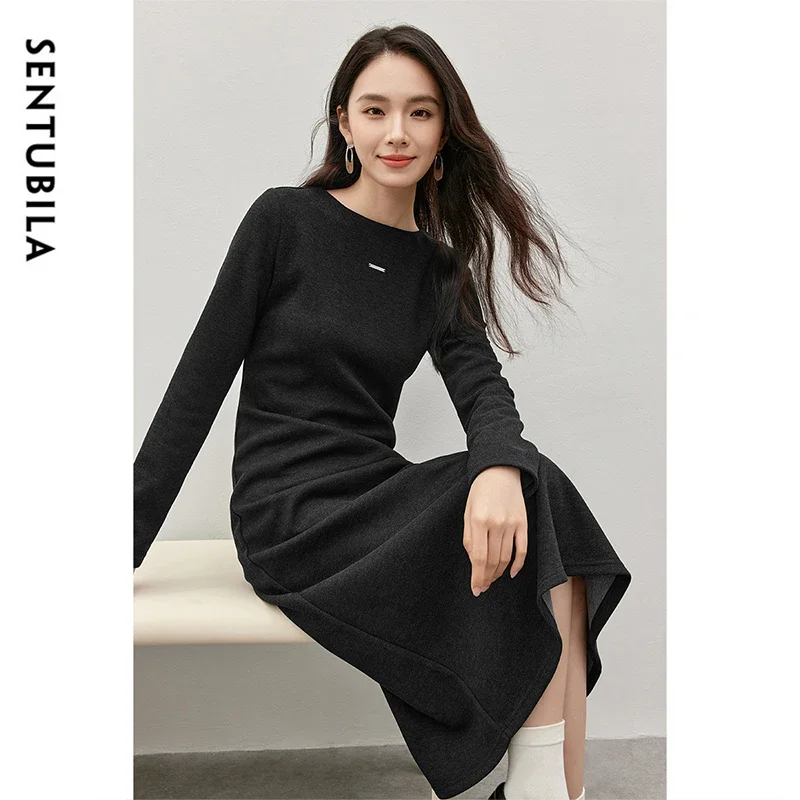 เดรสไหมพรมทรงเอสำหรับผู้หญิง SENTUBILA รุ่น 2025 ฤดูใบไม้ร่วง แขนยาว สีดำ ความยาวปานกลาง เหมาะสำหรับใส่ทำงานหรือไปงานเลี้ยงวันเกิด ดีไซน์หรูหรา รุ่น 144L57151
