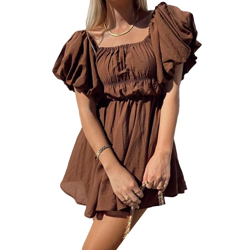 Wpnaks Vrouwen Boho Mini-Jurk Zomerkleding Effen Kleur Elegante Zoete Korte Pofmouw Off-Shoulder Tuniek Jurk Streetwear