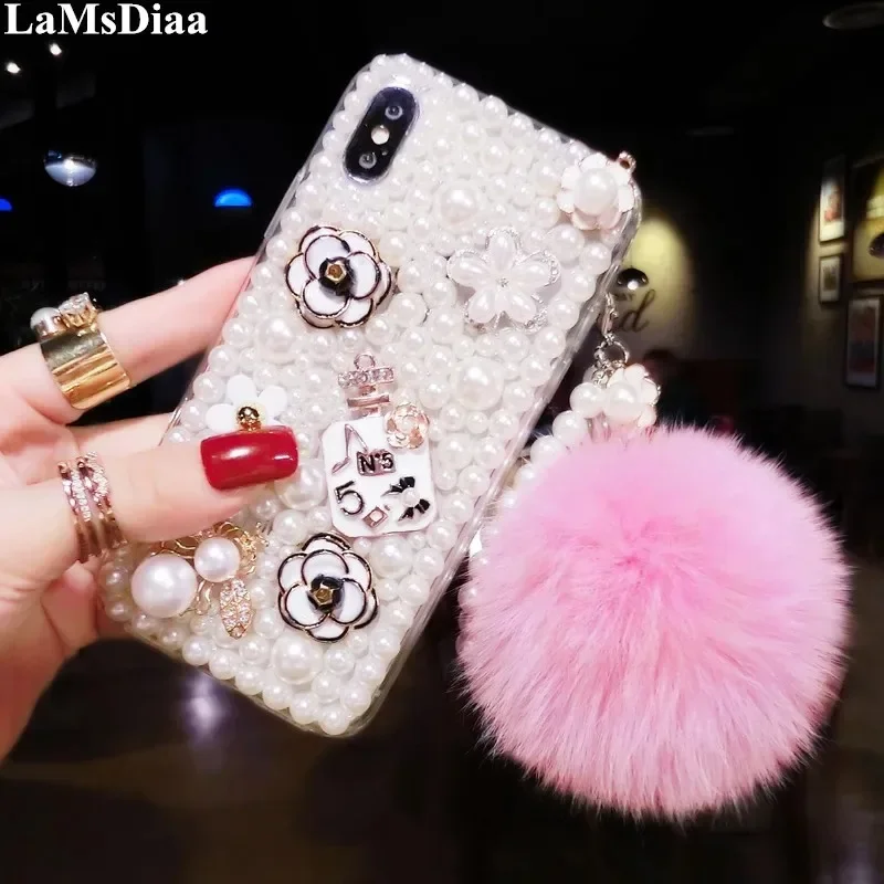 Bling Crystal Pearl Rhinestone Hairball Case, Soft Clear Cover for iPhone 14, 15, 13, 12, 16 Pro Max, 16Pro, 15Pro