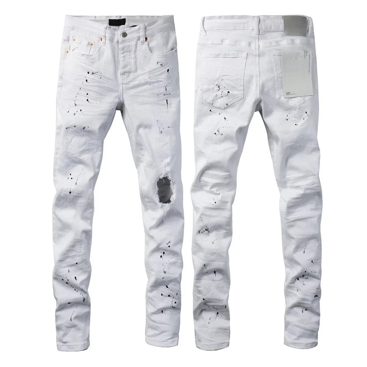 Calça jeans skinny masculina de cintura baixa, moda de alta qualidade, pintura branca, desgastada, reparada, jeans de marca