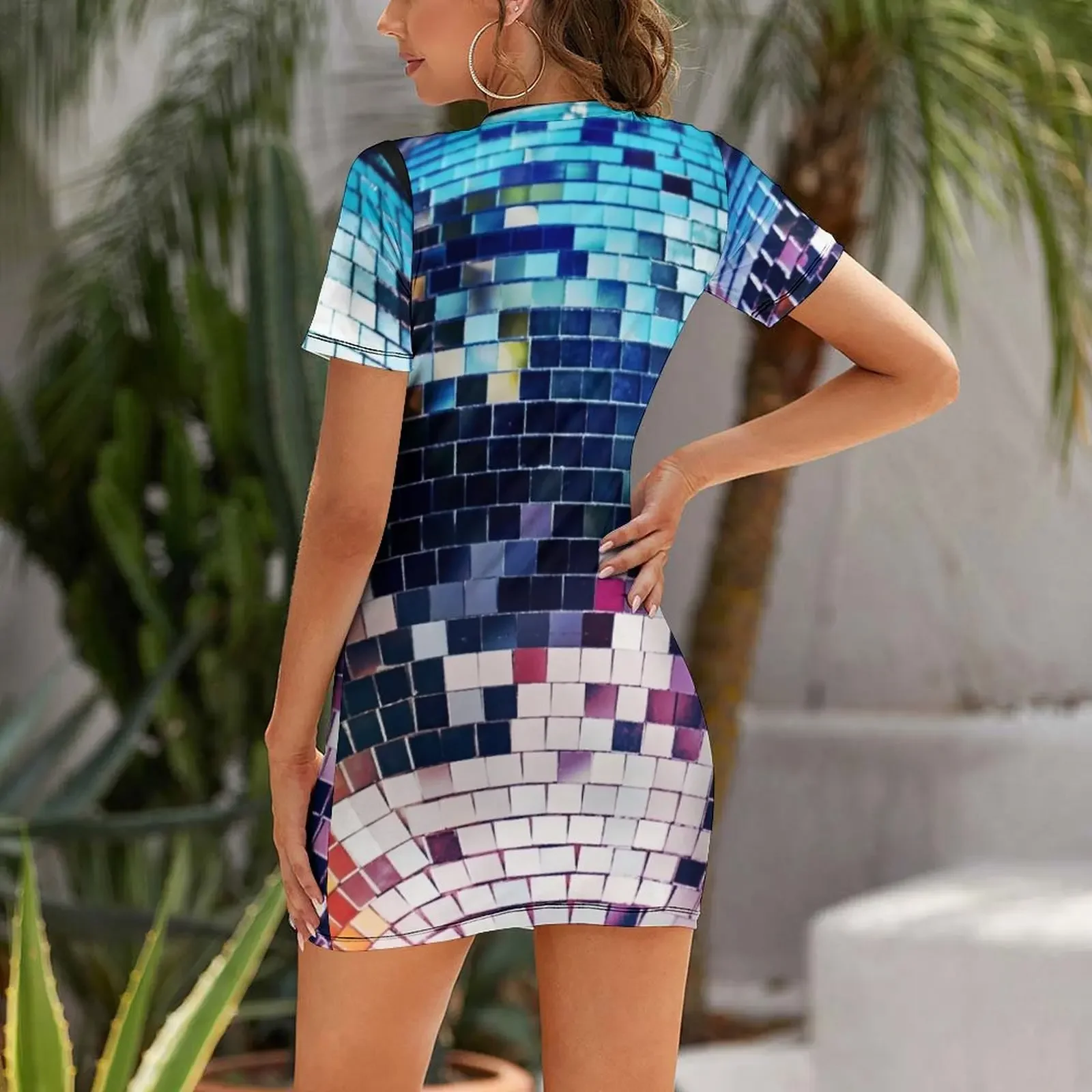 Sukienka z efektem kuli dyskotekowej - Lustrzana, kolorowa, z krótkim rękawem, elegancka sukienka dla gościa weselnego, sukienka na studniówkę, damska