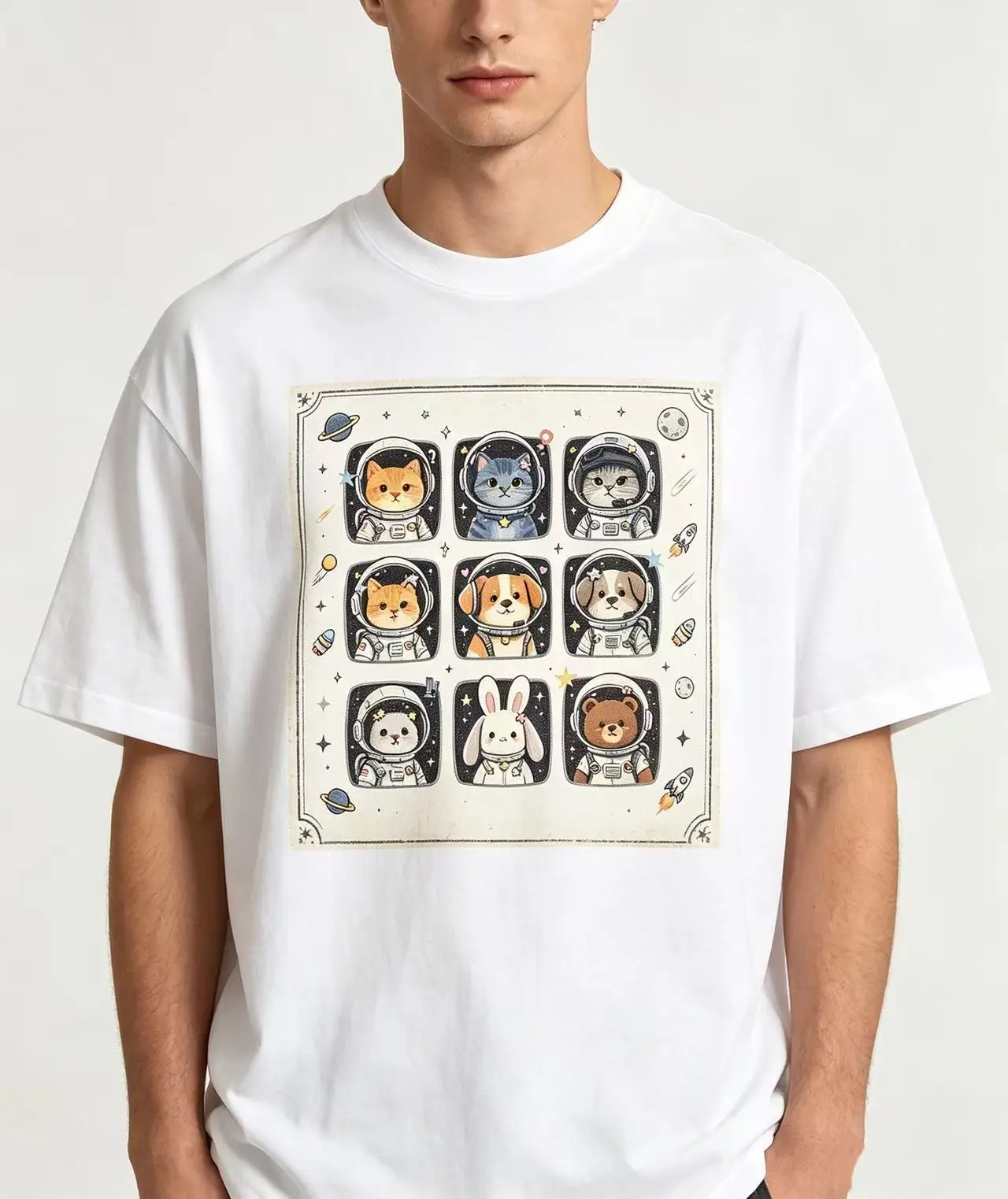 Unisex Cute Astronaut Animals Grid Cat Dog Rabbit Bear Space Planet Cartoon Graphic T Shirt Men Women Kawaii Animal Print Oversized Cotton Tee view 2
