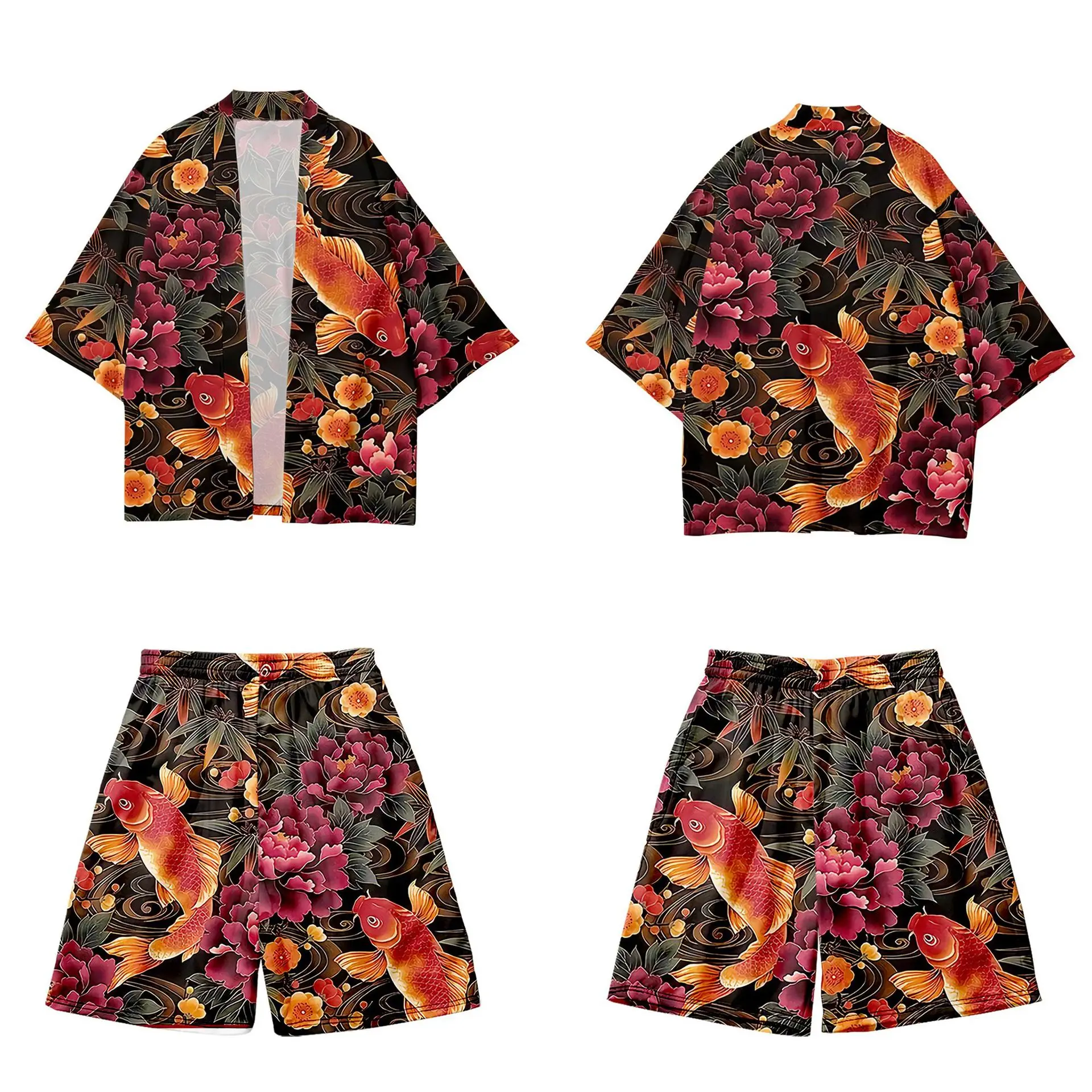 

Carp Flower Printed Couple Women Men Japanese Kimono Casual Loose Cardigan And Beach Shorts Set Asian Clothes Harajuku