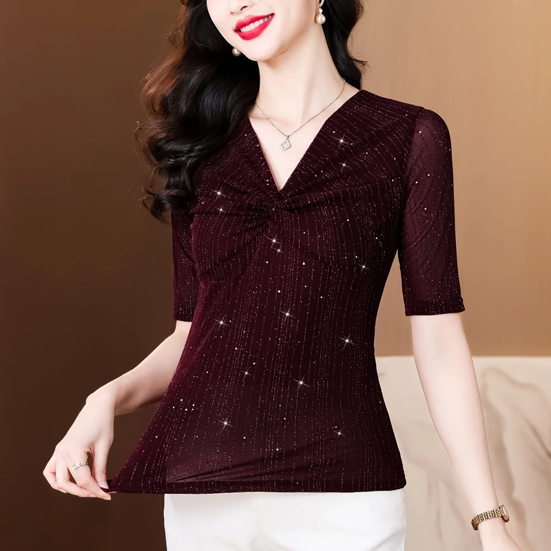 Korean Fashion Women T Shirt V-neck Shiny Pleated Mesh Tops Bright Silk Short Sleeve Casual Shirt
