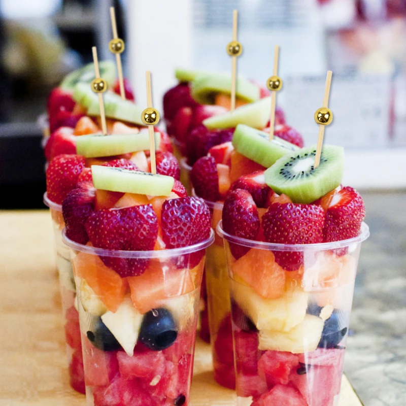 Palitos de comida con cuentas doradas de 12cm, 100 piezas, tenedor para aperitivos, ensalada, cóctel, pastel, Buffet, palillos de dientes,