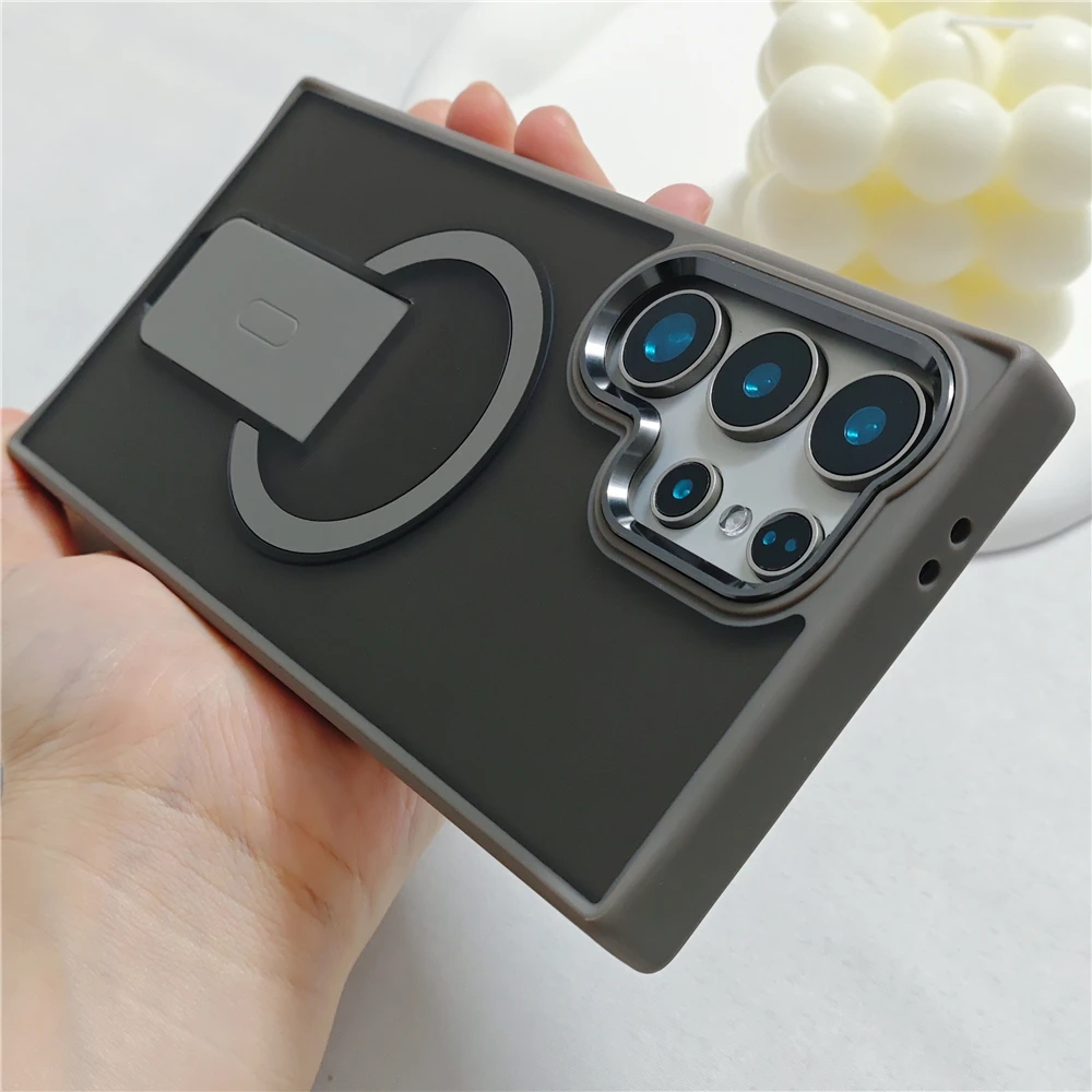 Opvouwbare Standhouder Matte Voor Magsafe Magnetische Telefoon Case Voor Samsung S25 S23 Ultra S24 Plus Draadloze Lading Clear Back Cover