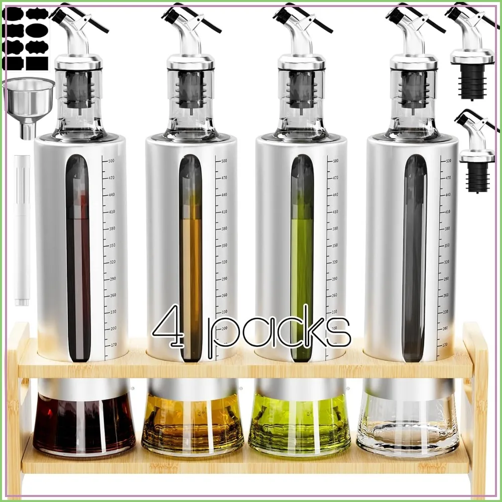 Juego de 4 Botellas de Vidrio para Aceite de Oliva con Estante, 17oz/500 ml, Envueltas en Acero Inoxidable con Vertedores, Embudo y Etiquetas