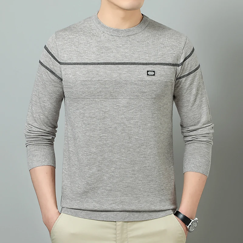 

Шерстяной свитер, мужской весенне-осенний вязаный свитер, тонкий свитер с круглым вырезом, футболка с длинными рукавами, повседневный базовый свитер