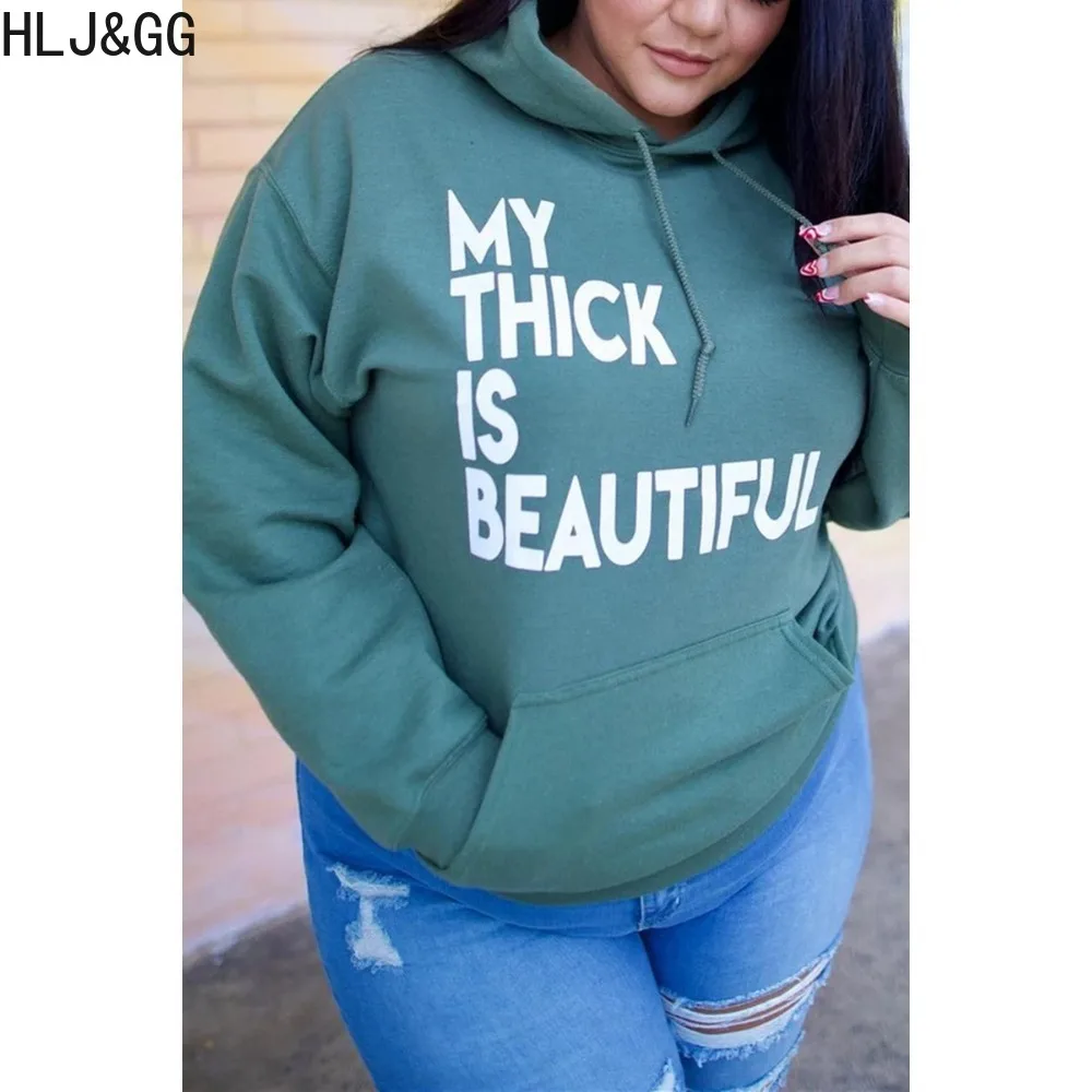 HLJ&GG Plus Size Women Letter Print Hooded Sweatshirts Women Long Sleeve Pocket Slim Tops Casual Female Matching Sporty Clothing